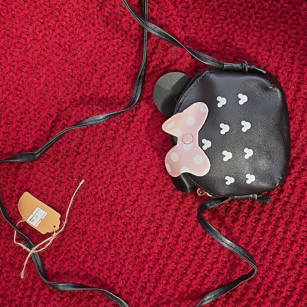 Kids Black and Pink Bow Crossbody Bag 4x5 Inches Minnie Mouse